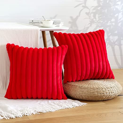 18x18 Faux Rabbit Fur Throw Pillow in Red (Set of 2) - HER Home Design Boutique